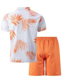 Bộ 2 áo thun polo tay ngắn và quần short nam, áo thun polo tay ngắn in hình lá 3D + quần short, trang phục dạo phố và bãi biển mùa hè, trang phục ấm áp - trái cam - Xem 2