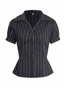 阳光少女夏季女装毕业季学院风 Y2K 条纹印花前扣修身短袖衬衫 - 黑色 - 查看 3