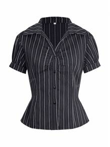 Chemise slim à manches courtes avec boutons devant et imprimé rayé, style collégial Y2K d'été pour femme diplômée