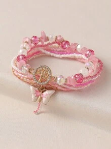 5pcs Pink Elegant Versatile Fashion Graceful Luxury Handmade Beaded Crystal Life Tree Butterfly Anklets Set, Suitable For Women Gift, Party, Casual, Travel, Bar, Holiday, Daily Wear