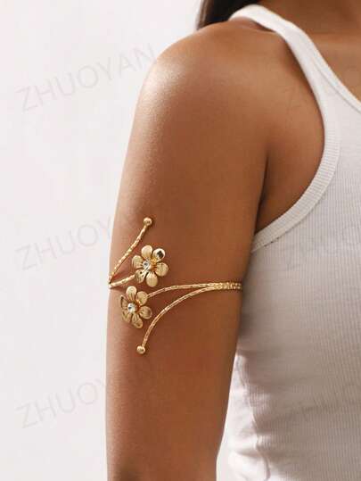 1 件时尚日常开口花朵水钻袖口手链女士，独特欧美风格优雅高端