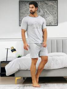 2pcs Men Pajama Set, Round Neck T-Shirt And Pants - Grey - View 5