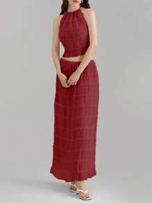 Women Y2k Two Piece Maxi Skirt Sets Beach Vacation Outfit Boho Sleeveless Ruched Halter Crop Cami Tops Backless Tank Tops And Long Swing Skirt Pleated Retro Tulle Chiffon Flowy Skirt Going Out Set 2 Piece Outfits Summer Holiday Party Outfit - 紅色 - 查看 4