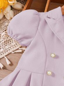 Young Girls Puff Sleeve Double-Breasted Collared Dress, Elegant Style For Spring & Summer - Purple - View 6