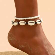 1 Set Ocean Series Design Braided Shell Beaded Chain Anklet For Women - Black - View 11