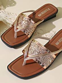 时尚金色平底人字拖，交叉系带闪亮沙滩拖鞋 - 金色 - 查看 5