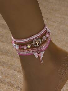 5pcs Pink Elegant Versatile Fashion Graceful Luxury Handmade Beaded Crystal Life Tree Butterfly Anklets Set, Suitable For Women Gift, Party, Casual, Travel, Bar, Holiday, Daily Wear
