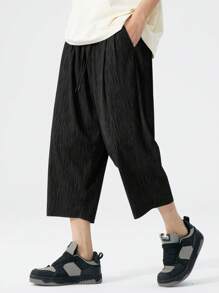 Calça capri plus size preta de seda cintura alta, adequada para o verão - Preto - Ver 1