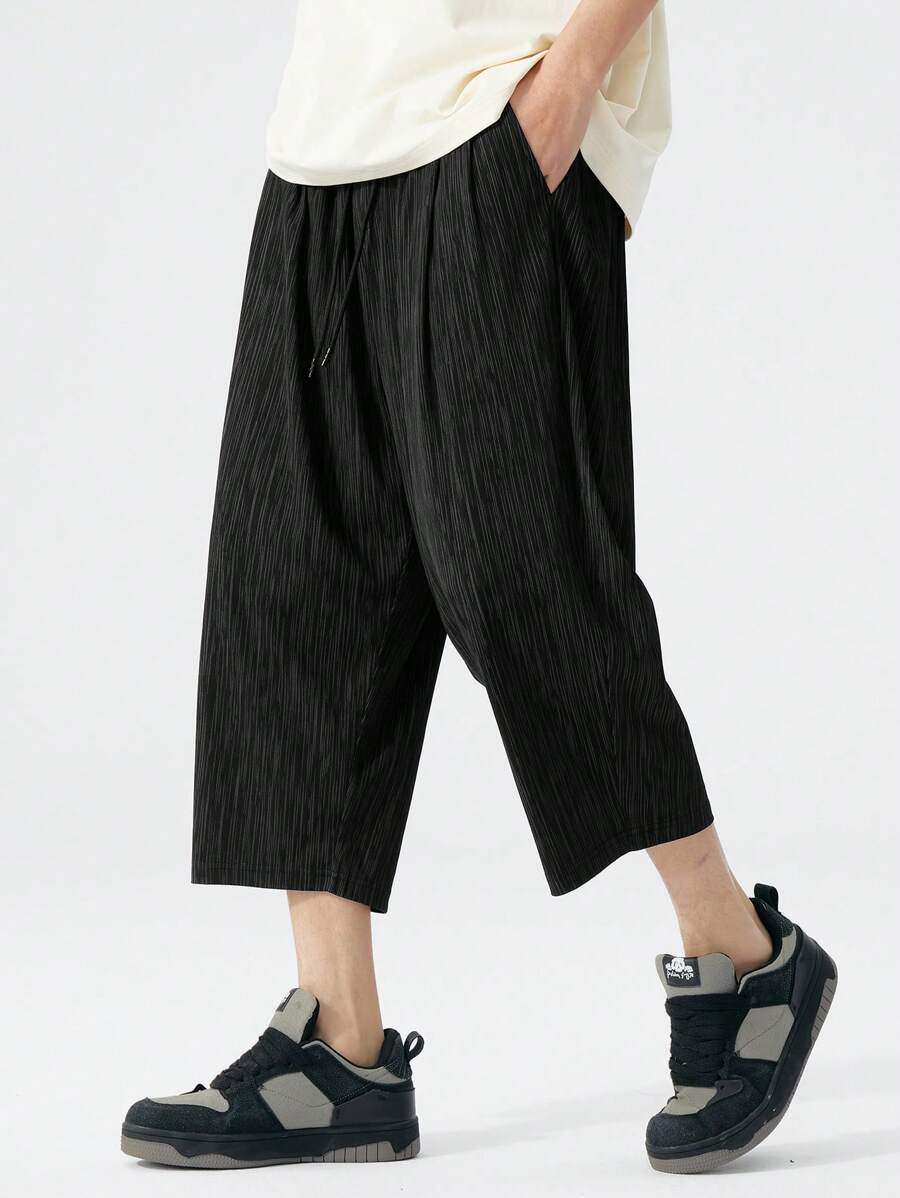 Calça capri plus size preta de seda cintura alta, adequada para o verão - Preto - Ver 1