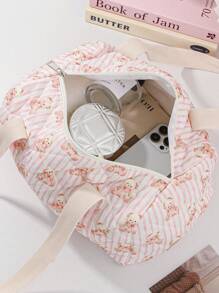 1PC Bowknot Floral Stripe Pattern Quilting Stylish Duffel Bag Girls Weekend Bag Short Trip Tote Bag,Girls Travelling Bag Shoulder Bag, Girls Sport Bag ,Mummy Bag ,Nappy Bag ,Yoga Bag Quilted Zipper Handbag Suitable For Ladies And Girls, Gift For Valentines Gift ,New Year Gift - Multicolor - View 4