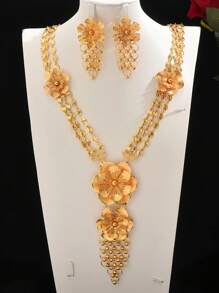 2 件/套优雅开斋节流苏花项链耳环新娘首饰套装，婚礼季节 - 金黃色 - 查看 4