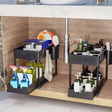 1pc 2-Tier Pull-Out Storage Organizer - Large Capacity Drawers, Under Sink Organizer, Cabinet Storage, Kitchen Shelf, Space Saving, Expandable Design, Easy To Clean, Bathroom/Kitchen/Laundry Room, Neat Home, Color: White, Material: Plastic