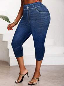 Plus Size Women Tight-Fitting 3/4 Length Pants, Elegant Bowknot 3D Print Design, High Elasticity