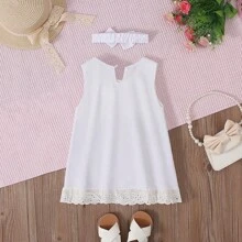 Baby Girl Sleeveless Bow Headband Dress 2 Pieces Set For Summer - White - View 4
