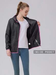 1pc Women Lightweight Outdoor Skin Jacket, Casual Windbreaker With Pockets, Suitable For Running, Fitness, Fishing, Floral Print - Pink - View 10