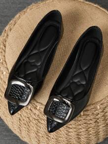 2025 New Spring/Autumn Flat Shoes For Women, Soft Sole Pointed Toe With Square Buckle, Versatile - Black - View 1