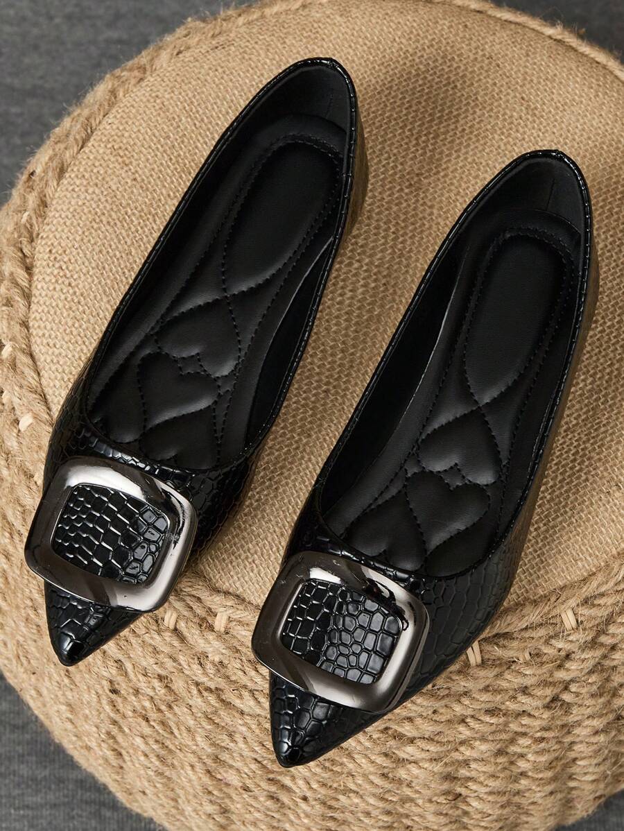 2025 New Spring/Autumn Flat Shoes For Women, Soft Sole Pointed Toe With Square Buckle, Versatile - Black - View 1