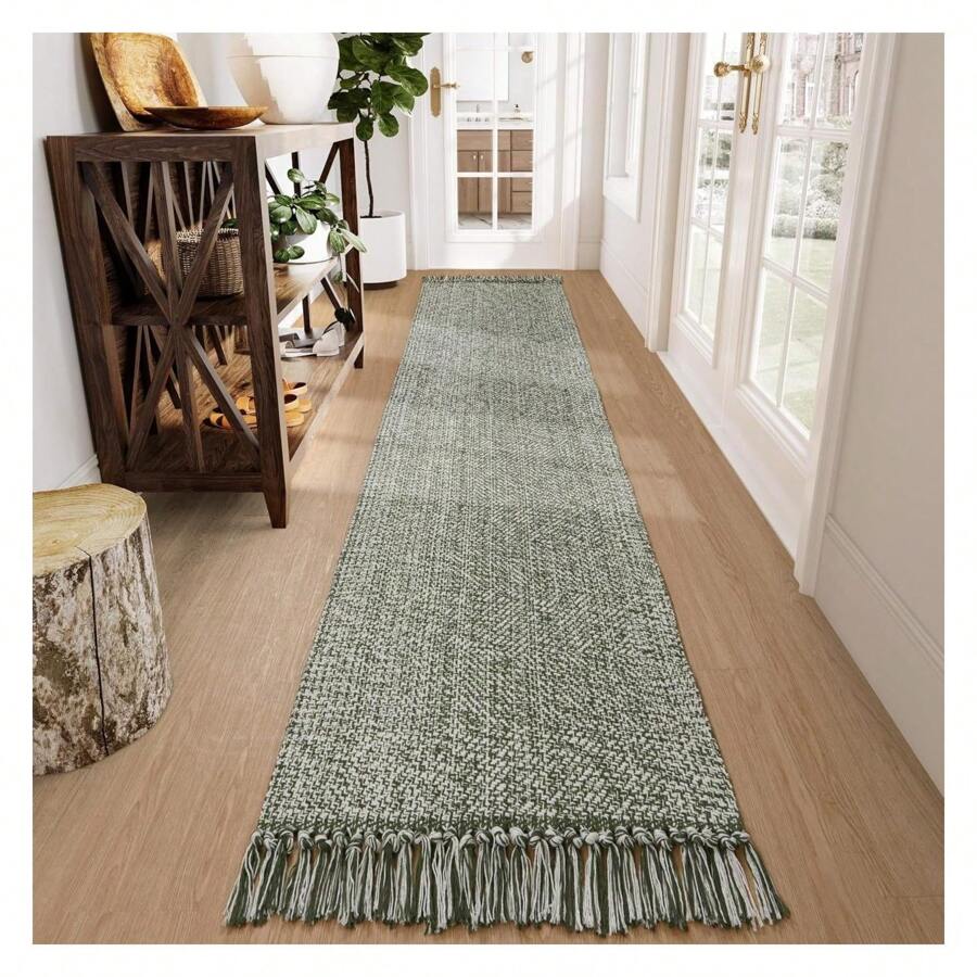 Washable Boho Carpet Runners For Hallway 2.6x12ft, Farmhouse Long Rugs For Kitchen Cotton Hand Woven Bedroom Runner Rug Olive Green/Cream Low Pile Natural Floor Carpet For Indoor Hall Entryway 2.6' X 12' - 彩色 - 查看 1