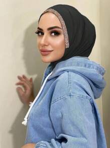 1pc Women Solid Color Rhinestone Fashion Casual Elastic Tie Band Jersey Headwrap, Multifunctional As Underscarf, Headband, Neck Warmer - Solid Color - View 12