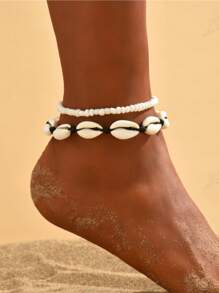 1 Set Women's Ocean Style Woven Shell Beaded Anklet Chain Set - Blue - View 1