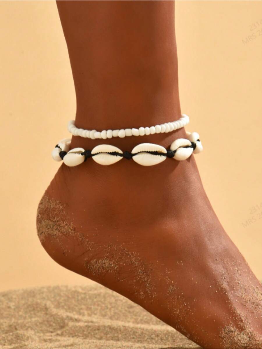 1 Set Women's Ocean Style Woven Shell Beaded Anklet Chain Set - Blue - View 1