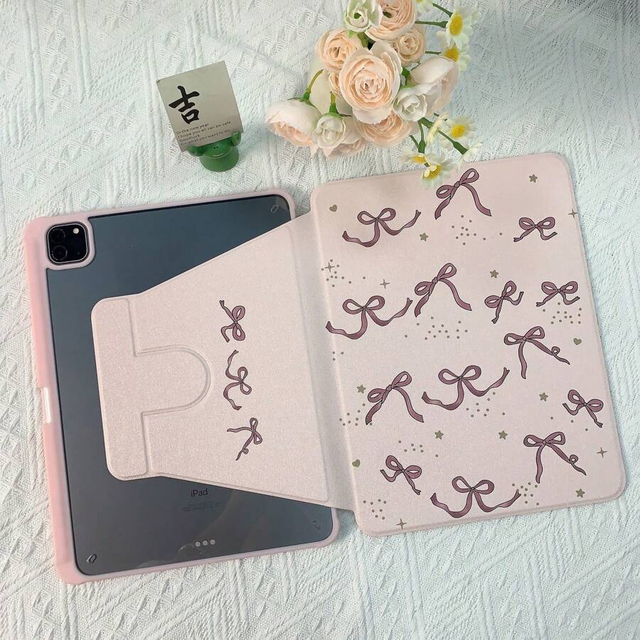 1 Pc Pink Bow 720 Swivel Tablet Case, Ipad 10 Case (With Pen Slot), Clear Crystal Back Cover, Sleep/Wake Support Compatible With Apple IPad Mini 6/7, 9.7/10.2/10.5 Inches, Air 4/5/6, 10th Gen, 10.9 Inches, Pro 11 Inches, Air 11 (M2), Air 13 And Pro 11 (M4), HW, XM. - Multicolor - View 1