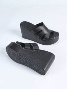 Dames Platform Slip-On Sandalen, Lente/Zomer Nieuwe Chunky Wedge Hak Band Zwarte Muiltjes Pantoffels, Dikke Zool Mode Ronde Neus PU Waterdichte Casual Schoenen, Veelzijdige Grote Maat