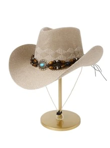 1 件装草帽，女士时尚波西米亚风格宽边太阳帽，涤纶材质，可调节拉绳，四季通用 - 彩色 - 查看 4