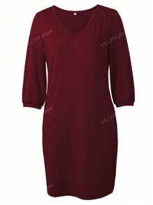 Vestido casual, elegante y holgado de unicolor con escote en V y mangas a media altura para mujeres