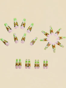 24 件装盒装芭蕾形状指甲贴纸，花卉植物主题绿色，火焰图案蓝色和红色指甲贴花，可拆卸，时尚新年春夏畅销品