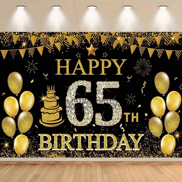 1pc Men's And Women's 65th Birthday Party Backdrop Curtains - Black Gold Polyester Fabric Party Decorations - Four Seasons Indoor Celebration Wall Decor Banner For Wall Decoration, Photo Booth, Indoor/Outdoor Use, Four Seasons Party Decorations, Multi-Purpose, Suitable For Home, Garden, Photo Studio And Outdoor Events