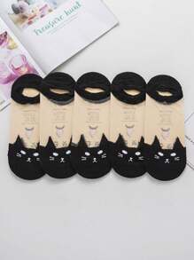 3/5 Pairs Women Cute Cartoon Cat Ankle Socks - Ultra Thin, Breathable, Invisible Low-Cut Design, Black/White/Gray Colors, Suitable For Summer, Casual Wear | Cartoon Cat Design | Flexible Socks - Multicolor - View 5