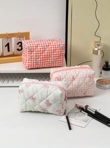 1 Stück neue karierte Schleifen Großraum-Clutch Aufbewahrungstasche, Münztasche tragbar, frisch und einfach, japanischer und koreanischer Studenten Beliebte Aufbewahrungstasche für Ausweise, Kosmetika, Datenkabel. Süßer, mädchenhafter Kosmetiktasche