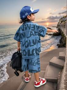 2pcs/Set Little/Toddler Boys' Summer Casual Printed Denim Short Sleeve Top And Shorts Set