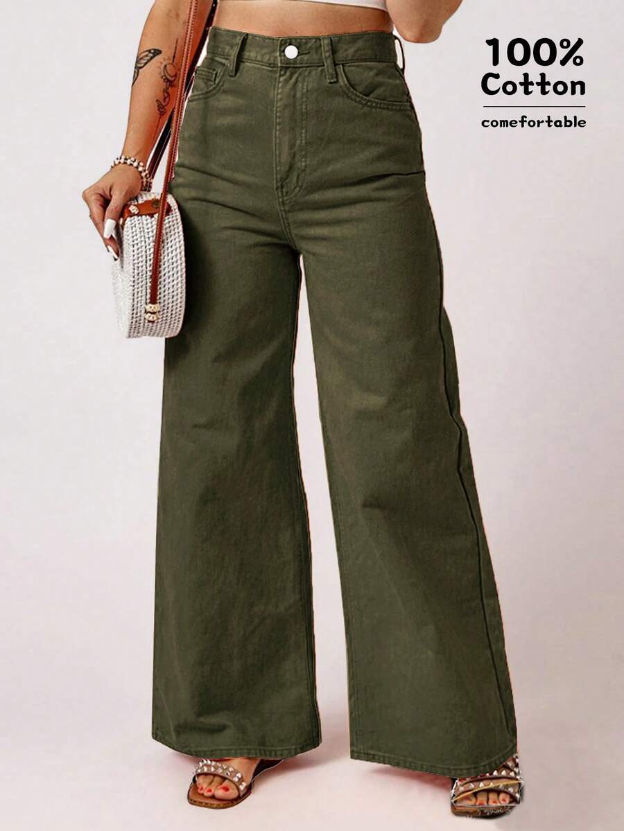 Quần ống rộng dạo phố thường ngày cho nữ, quần dài nghỉ mát mùa hè - xanh quân đội - Xem 1