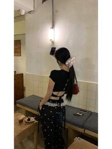 2025 New Sweet & Spicy Black Design Shoulder Tank Top, Summer Shirt For Women Casual - Black - View 3