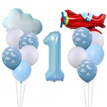 Globo de aluminio en forma de avión y nube de color azul, conjunto de globos para decoración de fiesta de cumpleaños o baby shower con temática de aventura de piloto - Multicolor - Ver 11