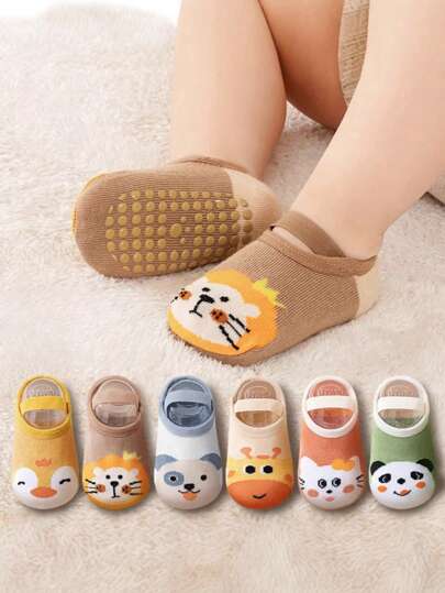 3 pares de calcetines antideslizantes para bebé/niño pequeño, calcetines con forma de cabeza de animal atados estilo barco, aptos para todas las estaciones