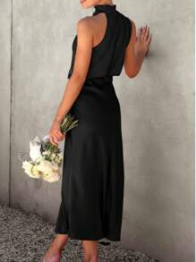 Women's Summer Satin Dress Elegant Sleeveless Fake Neckline Cocktail Gown - 黑色 - 查看 2