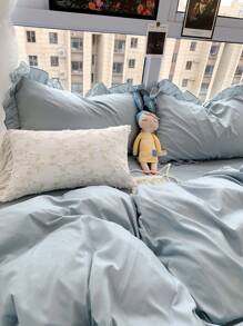 浅蓝色奶油色柔软荷叶边针织三件套床上用品（1 个羽绒被套 + 2 个枕套），适用于卧室和客房 - 淺藍色 - 查看 7
