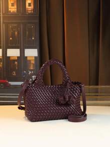 Tas Keranjang Anyaman Kubis Modis, Tas Tangan Komuter Kapasitas Besar, Set 2-in-1 dengan Tas Kecil, Tas Selempang dengan Hiasan Pom Pom Gantung - Burgundy - View 4
