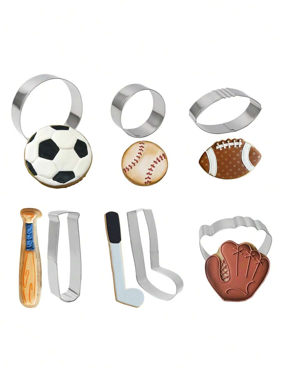 6 件套不锈钢足球、橄榄球、高尔夫球杆饼干模具、烘焙工具、厨房用具、DIY 烘焙专用品、运动主题烘焙饼干印章 - 彩色 - 查看 1