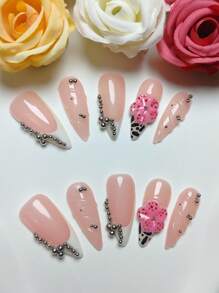 10 Pieces Of Pure Handmade Wearable Nail, Pink And White Color Matching, Leopard Print Drawing, Thread Bulge, Small Silver Balls To Form Chain Decoration, Handmade Raised Small Flower Decoration. It Is Suitable For Daily Leisure Vacations, And When Attending Banquets, Parties, Dances, Banquets And Other Activities.