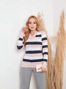 Women's Cold Weather Blouse | Women's Striped Long Sleeve Blouse | Striped V-Neck Blouse | Stripes - 乾枯玫瑰色 - 查看 4