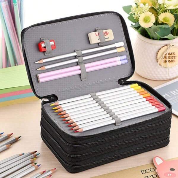 1pc Large Capacity Zipper Pencil Case, Multifunctional Pencil Pouch, 72 Slots Color Pencil Box With 3 Big Holes For Sharpener, Eraser And Pencils