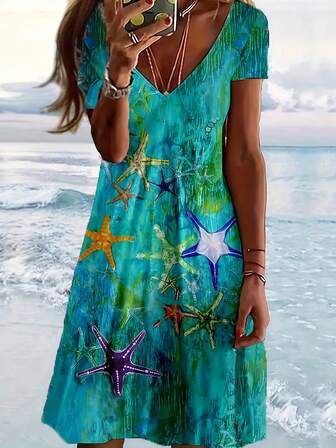 Starfish Printed V-Neck Beach Dress - Lightweight, Flowing, Short Sleeve, Loose, Comfortable Vacation Wear