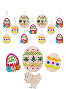 10Pcs Random Style Easter Wooden Eggs, DIY Graffiti Painted Wooden Pendant For Room, Party, Patio Decoration Crafts Free Lanyard