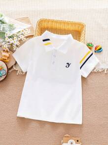 Top Polo Casual Estilo Preppy para Meninos, Gola Bordada com Contraste de Cor, Camiseta de Manga Curta para Uniformes Escolares de Verão para Crianças Pequenas e Grandes