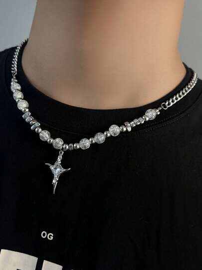 1件不对称裂纹珠项链，钛钢材质，不褪色设计，男女皆宜，嘻哈风颈链，欧美风格配饰，派对饰品，送给男友的礼物，情人节礼物，父亲节礼物