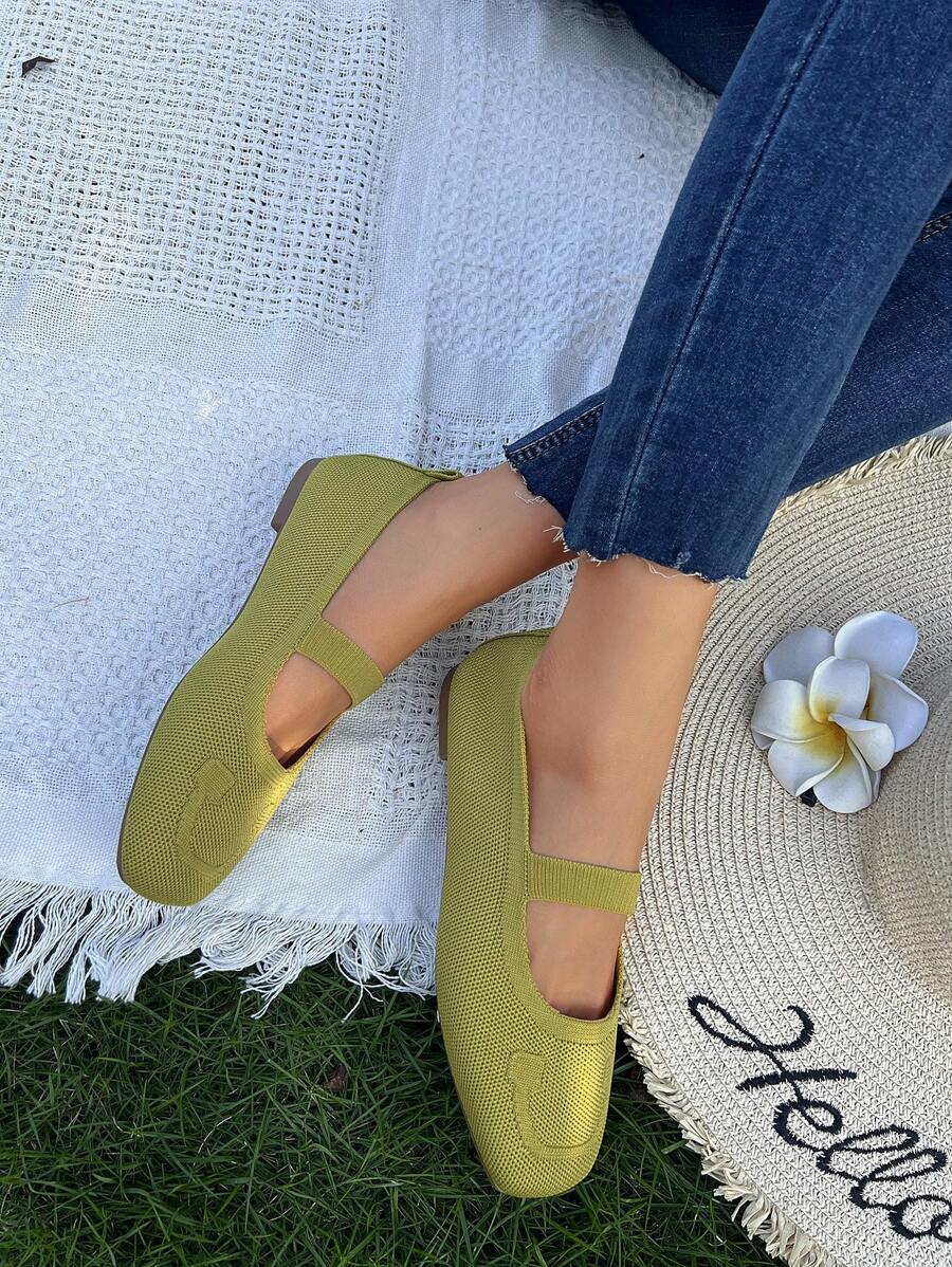 New Plus Size Women Flat Square Toe Spring/Summer Mesh Knit Loafers, Comfortable Super Soft Slip-On Shoes For Vacation, Travel, Breathable Work Flats, Versatile Casual Sandals - Yellow - View 1